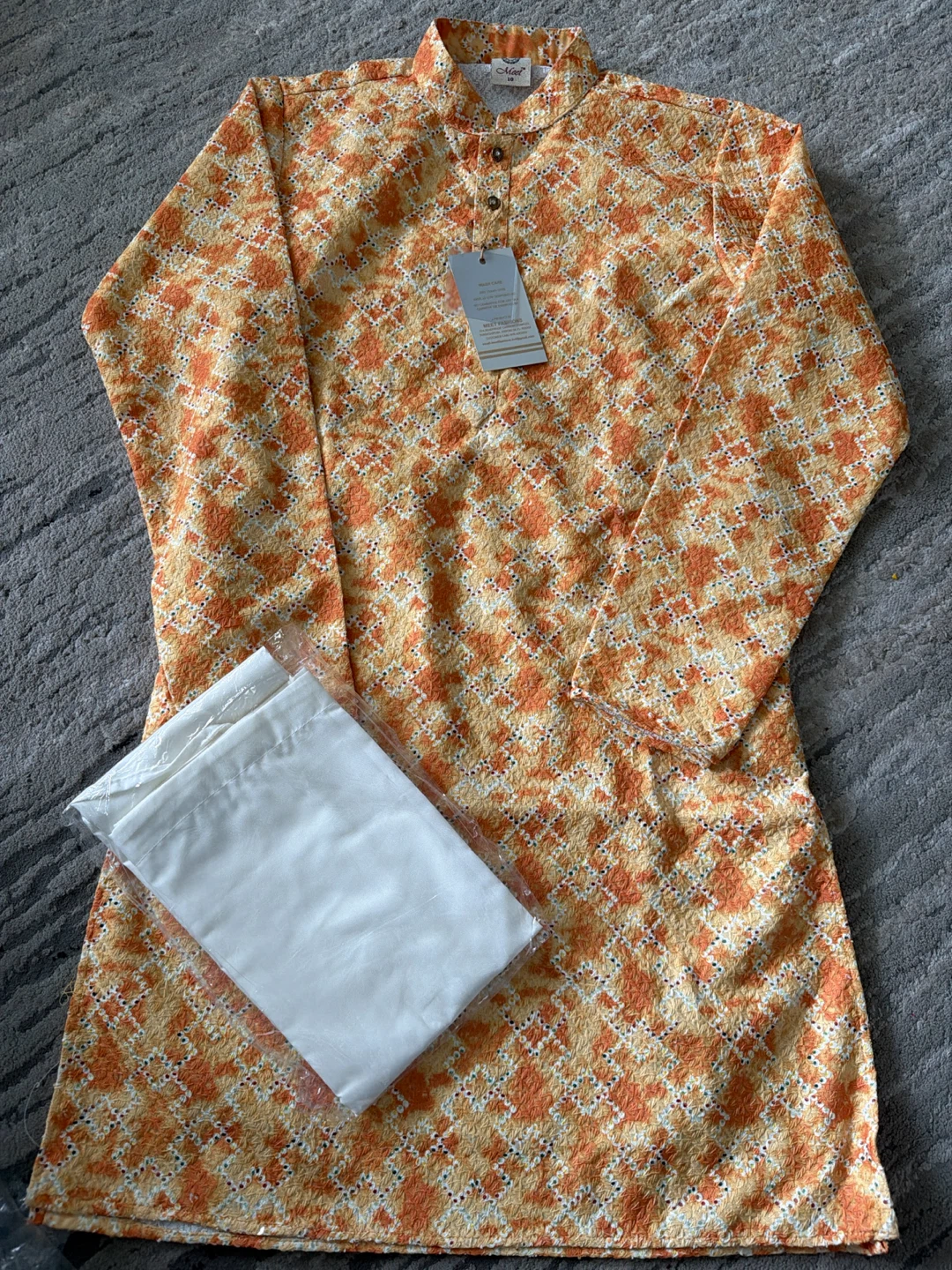 Meei Kids Kurta Pajama Set Orange Print Size 10