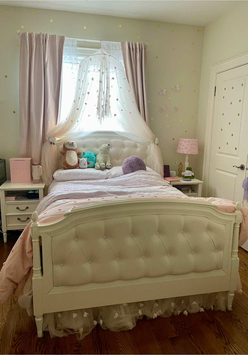 Pottery Barn Tufted Upholstered Bed Frame with Canopy Drapes
