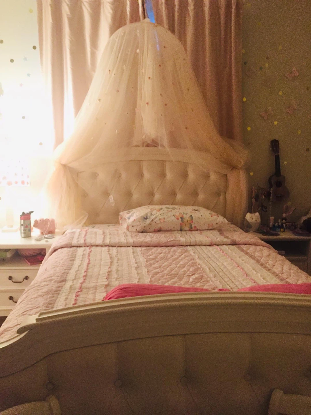 Pottery Barn Tufted Upholstered Bed Frame with Canopy Drapes - photo 2