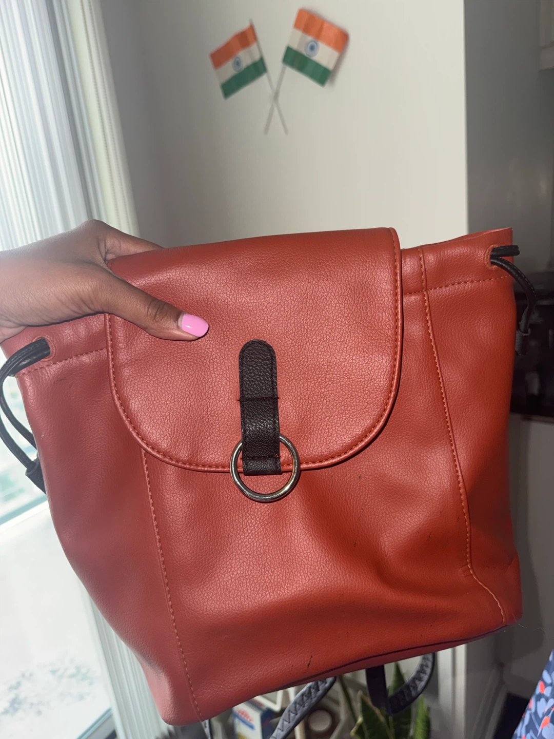 Orange Faux Leather Drawstring Backpack