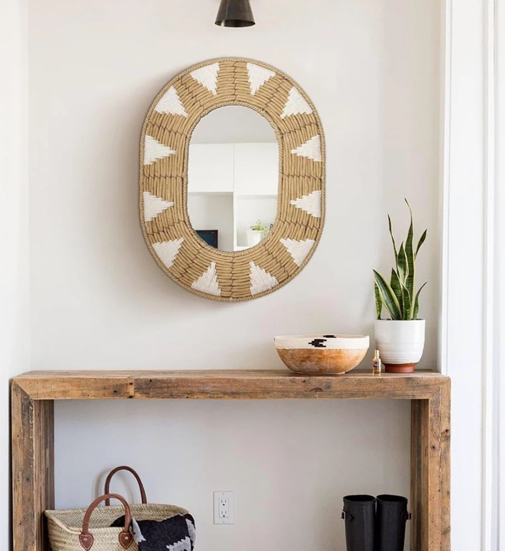 Oval Woven Mirror with White Triangle Detail - photo 2