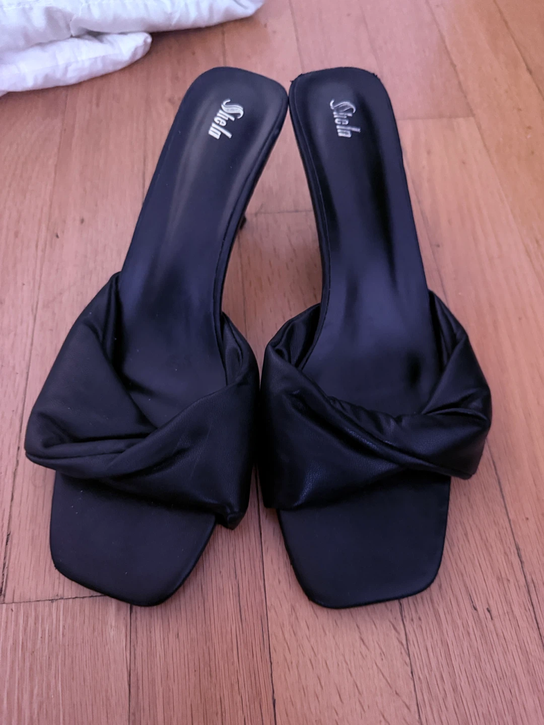 Shein Black Faux Leather Square Toe Heeled Sandals