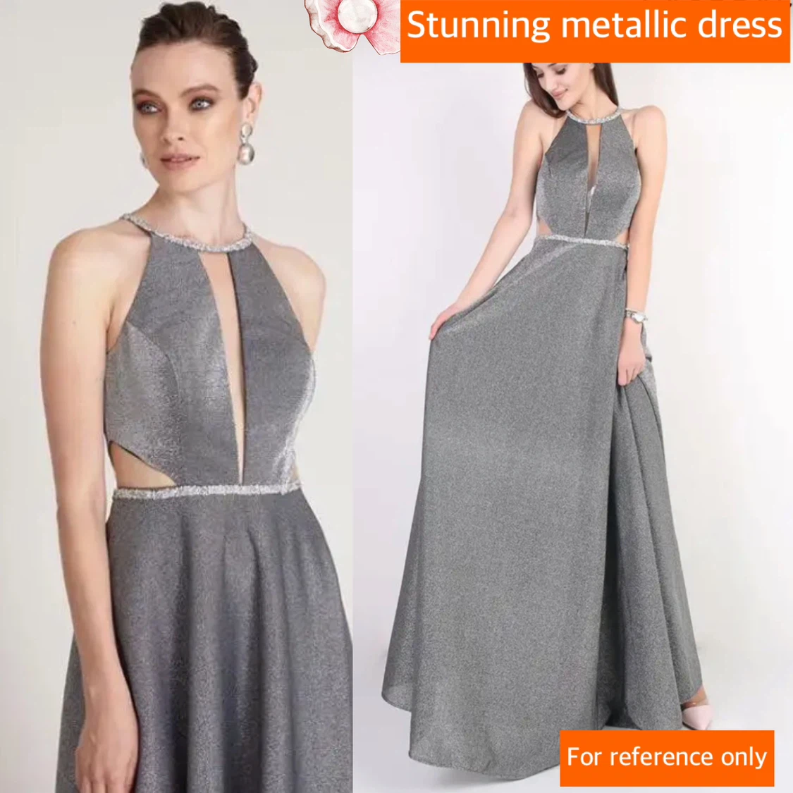 Metallic Grey Halter Neck Maxi Dress - small to medium - photo 2