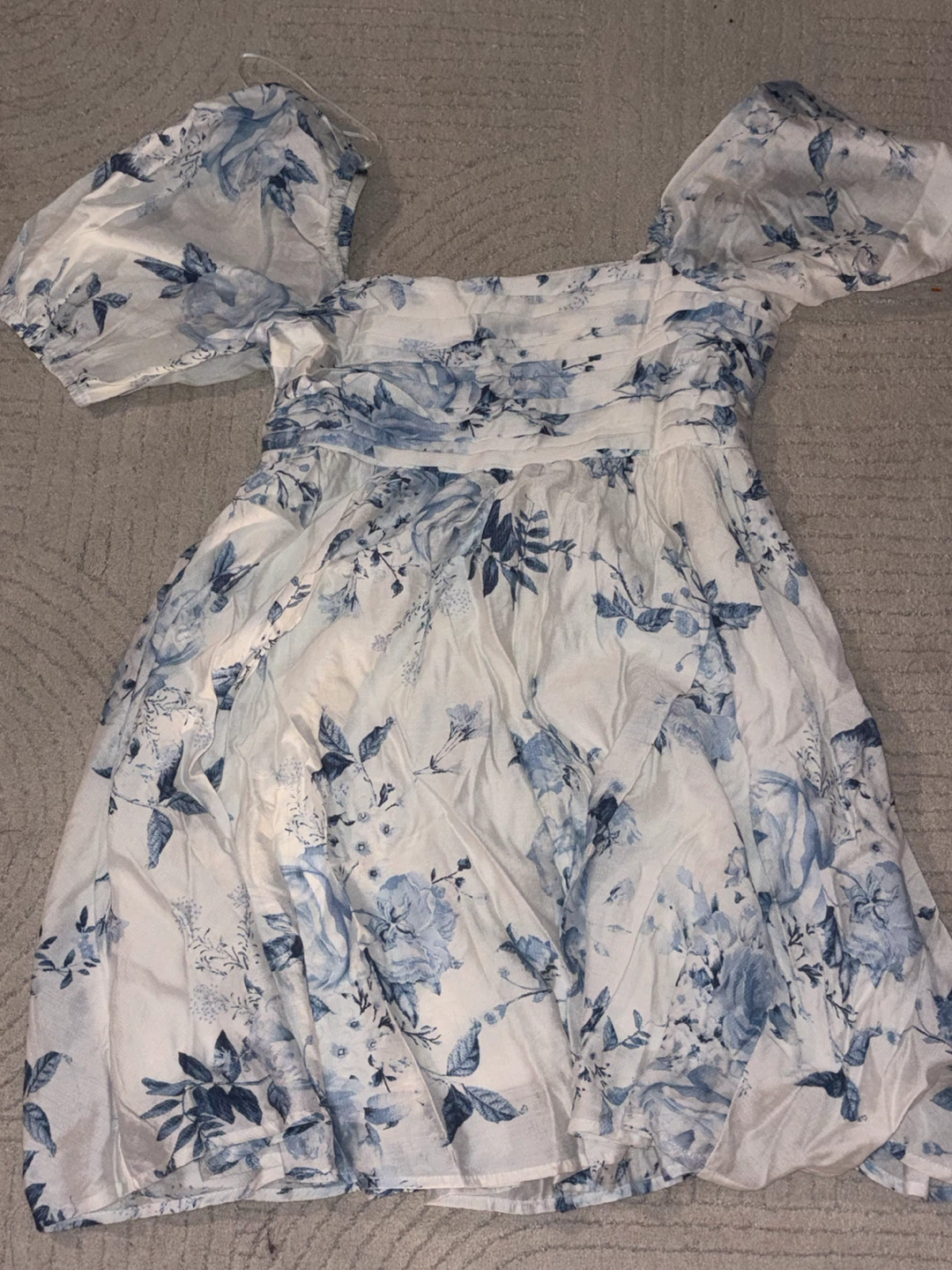 White and Blue Floral Puff Sleeve Dress