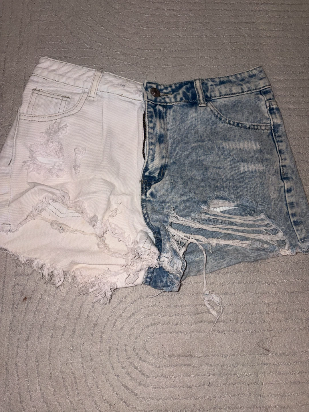 Two-Tone Ripped Denim Shorts