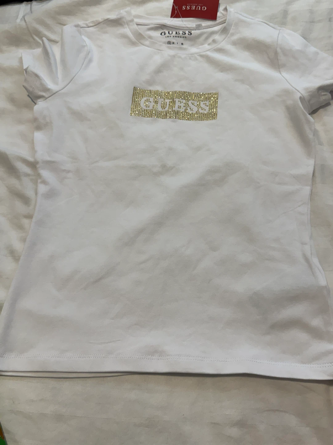 Guess White T-Shirt with Rhinestone Logo - Size S