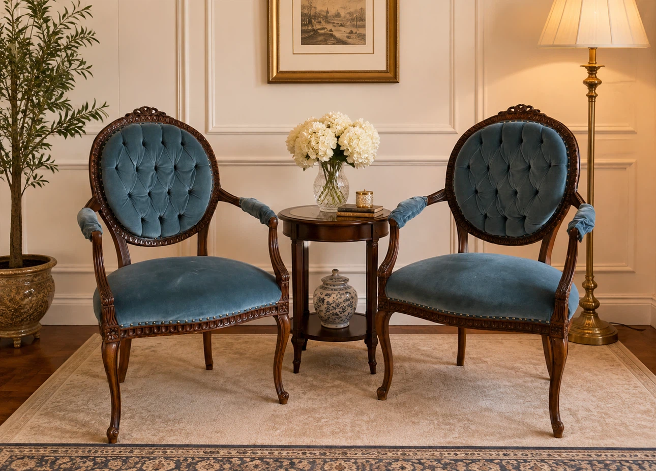 Vintage Blue Velvet Accent Chairs (Set of 2)