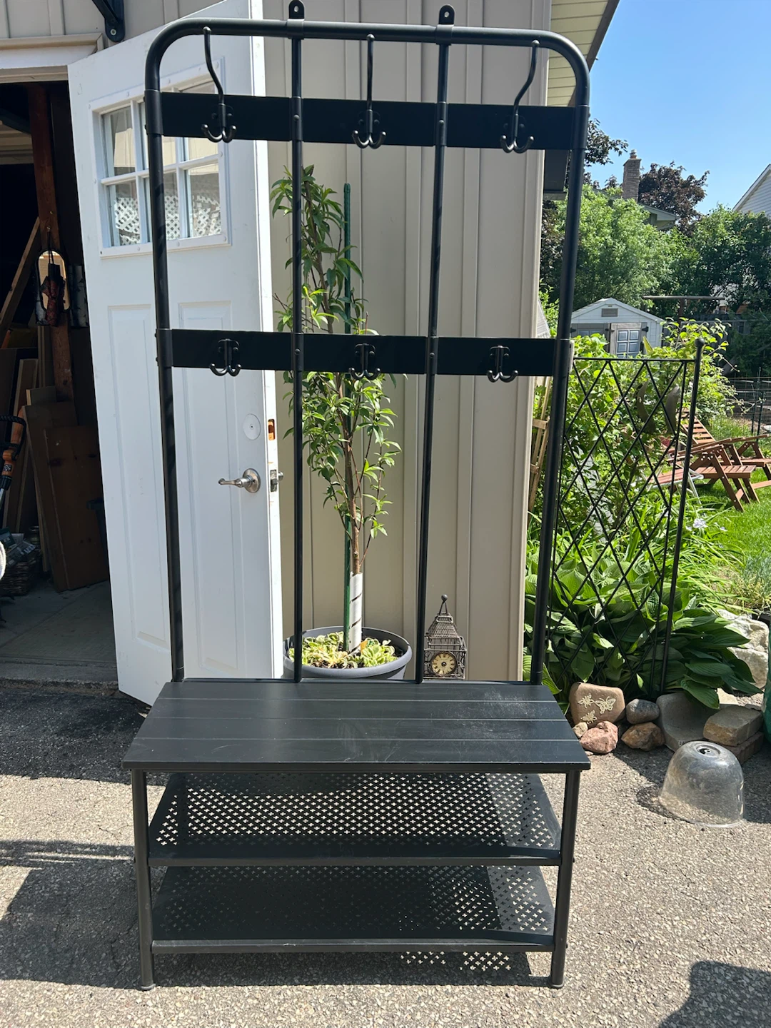 Black Metal Hall Tree with Bench and Shelves