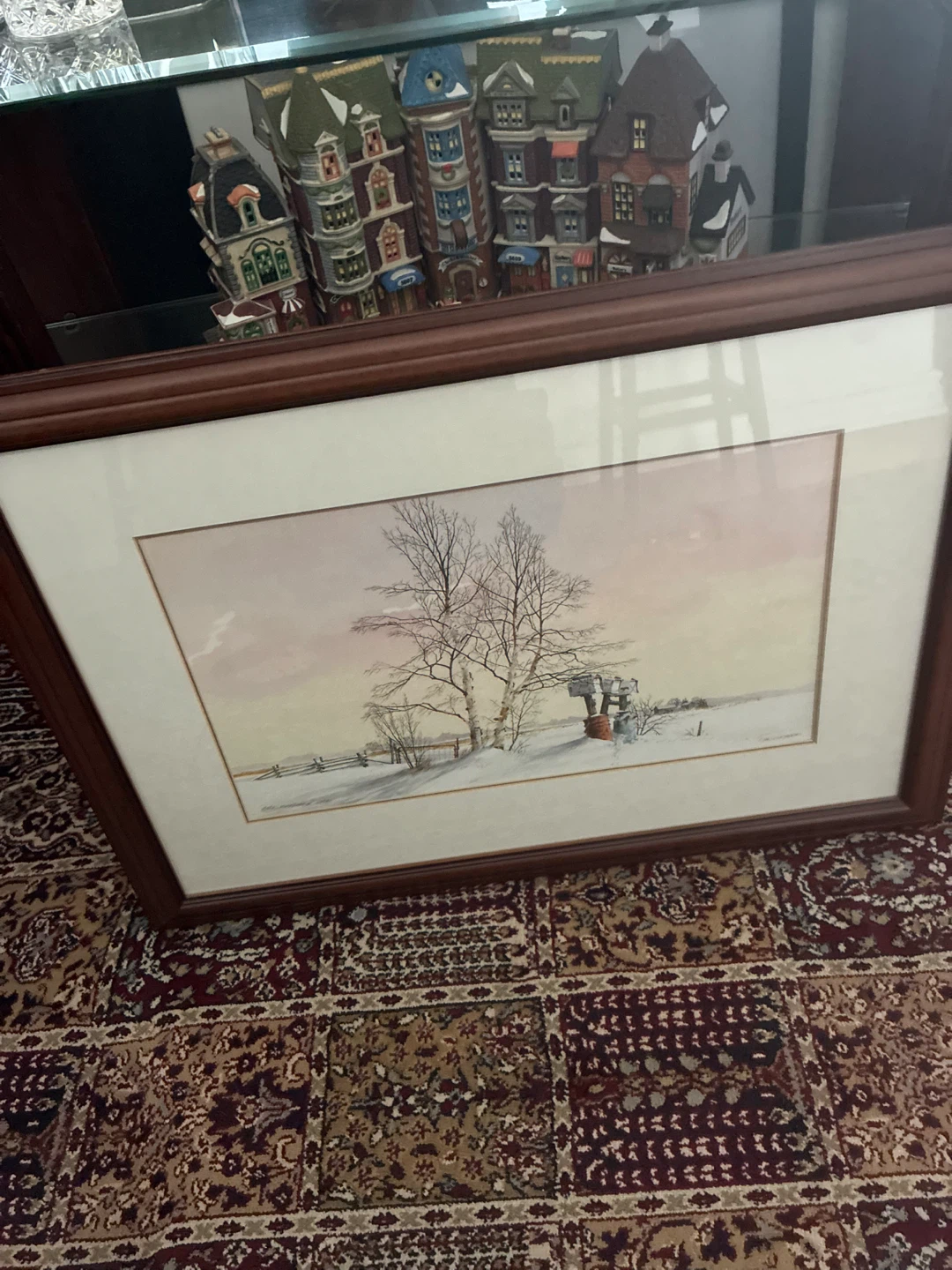 Framed Winter Scene Watercolor Painting
