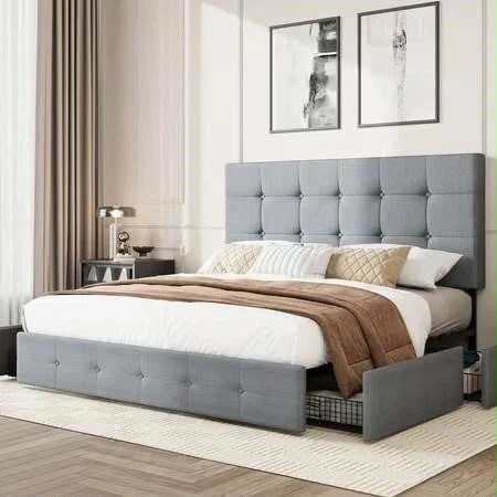 Tufted Upholstered Bed Frame with Storage