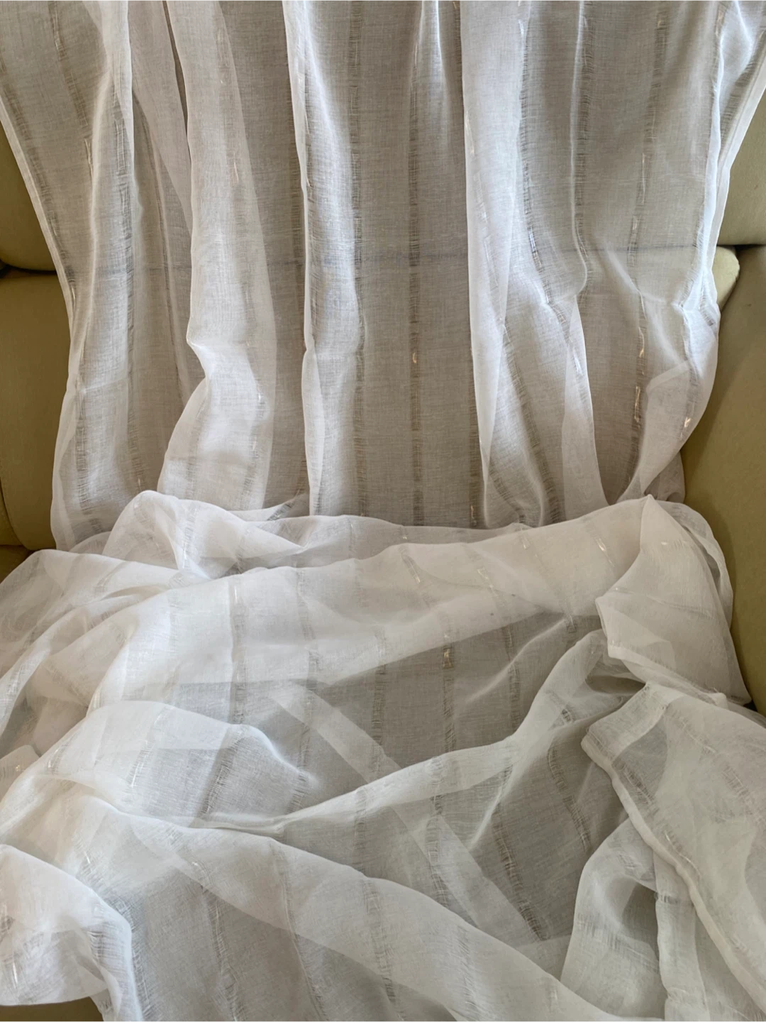 White sheer curtain panel with metallic stripes