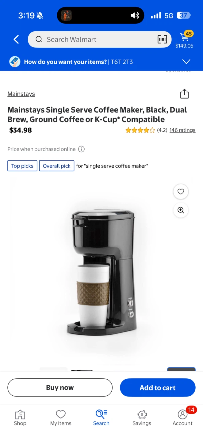 Mainstays Single Serve Coffee Maker, Black