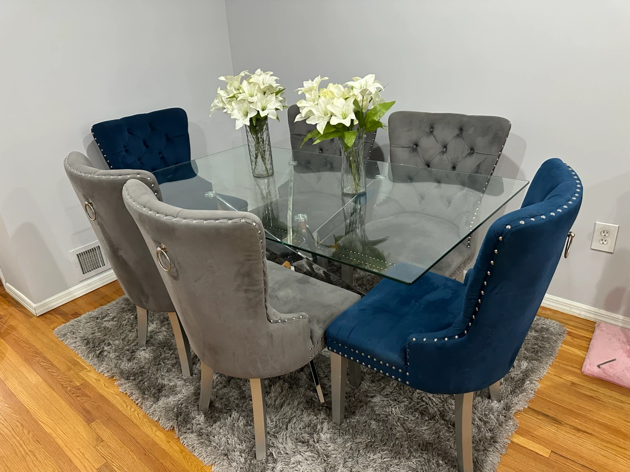 Glass Dining Table with 6 Tufted Chairs