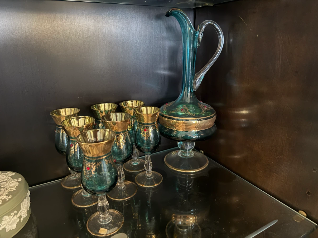 Vintage Italian Teal & Gold Decanter Set