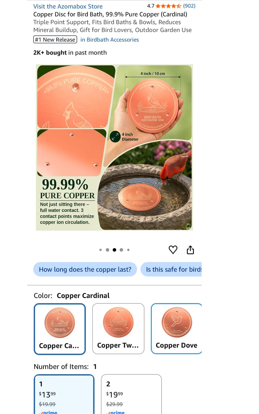 Azomabox Copper Disc for Bird Bath - 99.9% Pure Copper - photo 2