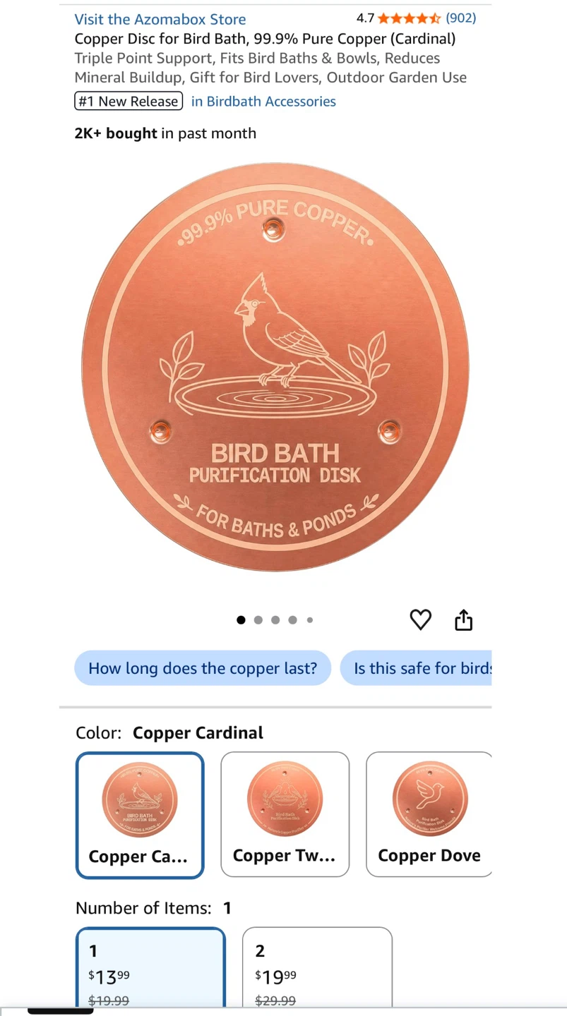 Azomabox Copper Disc for Bird Bath - 99.9% Pure Copper - photo 3
