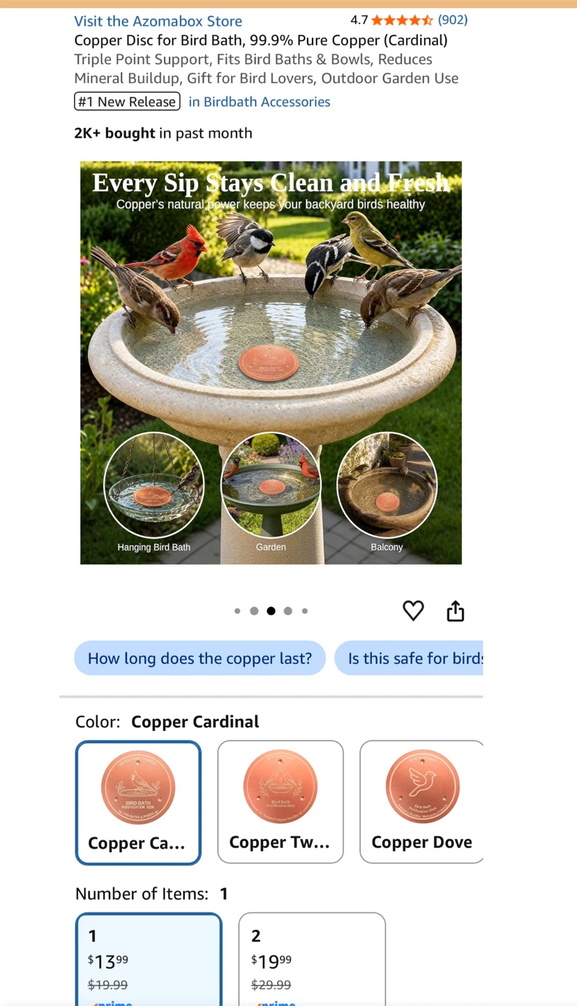 Azomabox Copper Disc for Bird Bath - 99.9% Pure Copper - photo 5