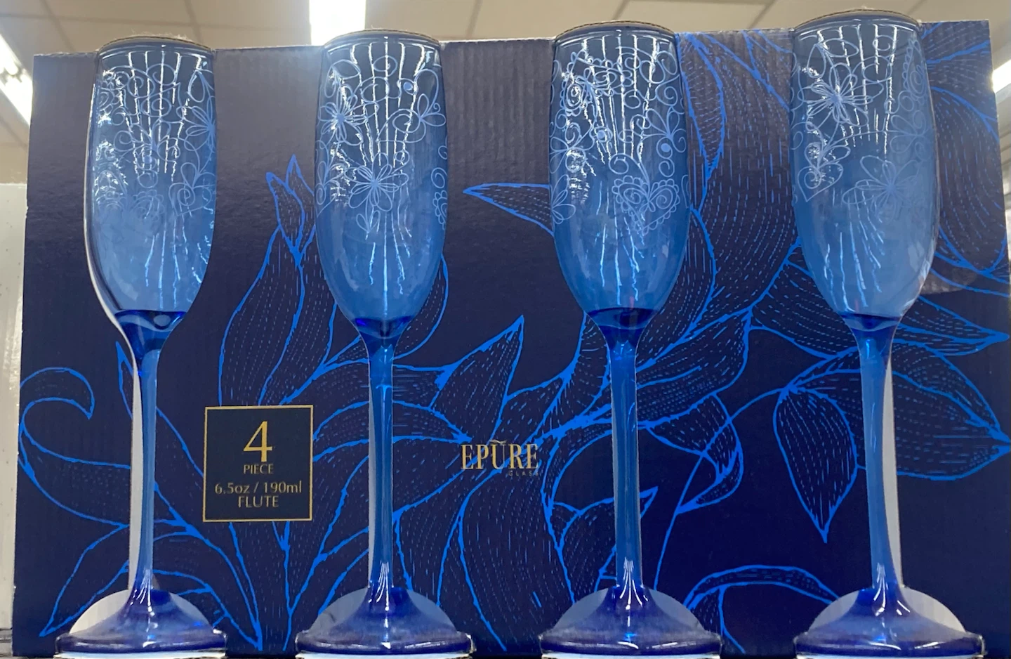 4-Piece Blue floral Flute Glasses 6.5oz