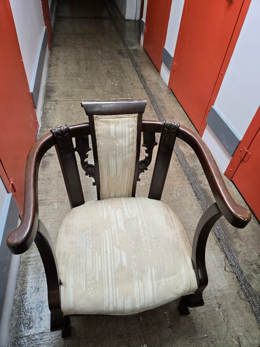Vintage Carved Wood Barrel Back Armchair