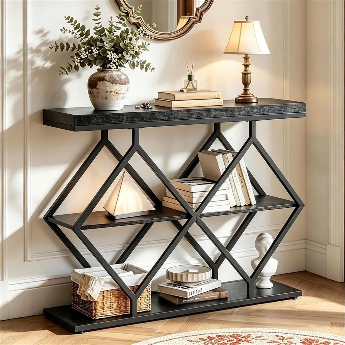 Black Metal Console Table with Open Shelves