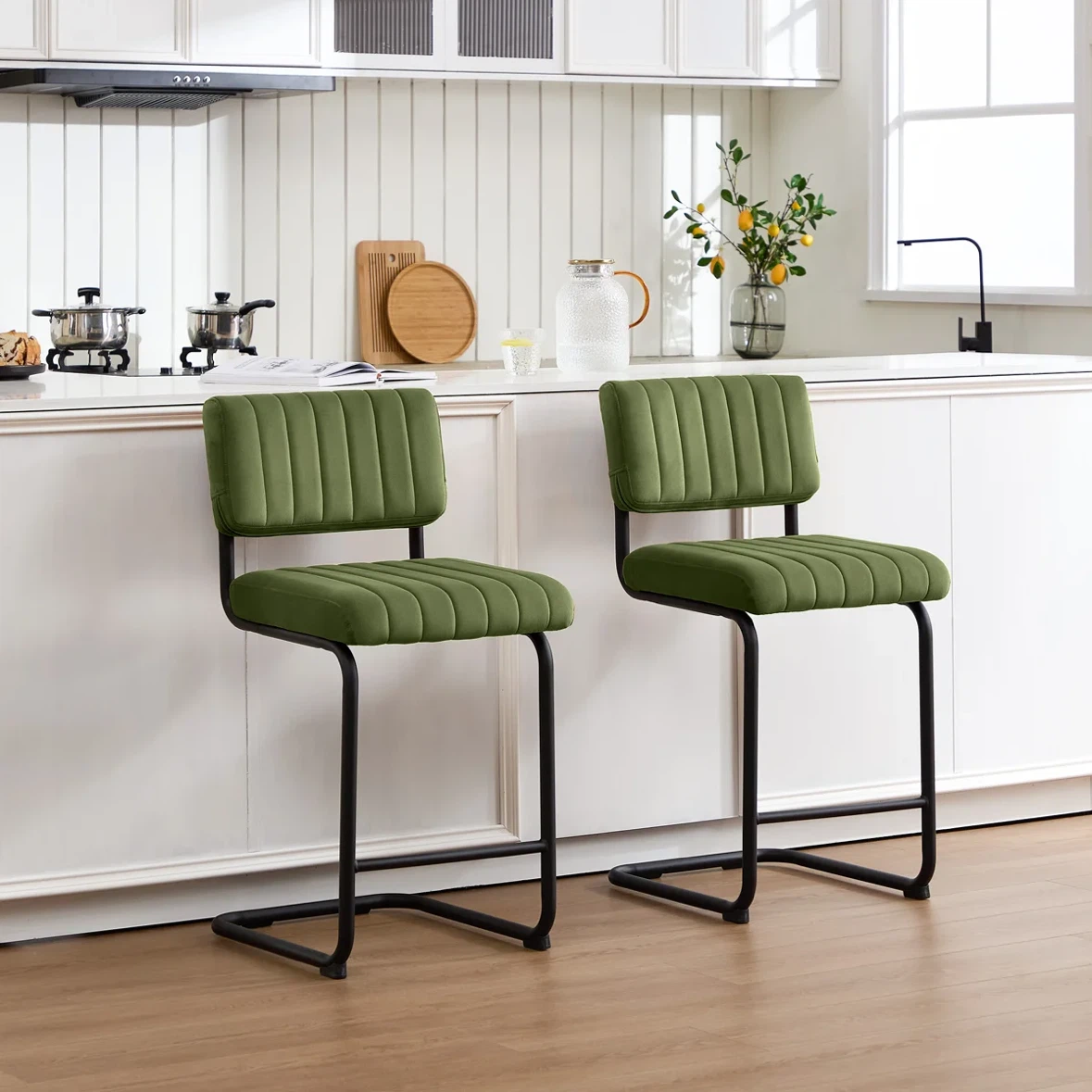 Set of 2 Green Velvet Bar Stools (Seat Height: 24”.6)