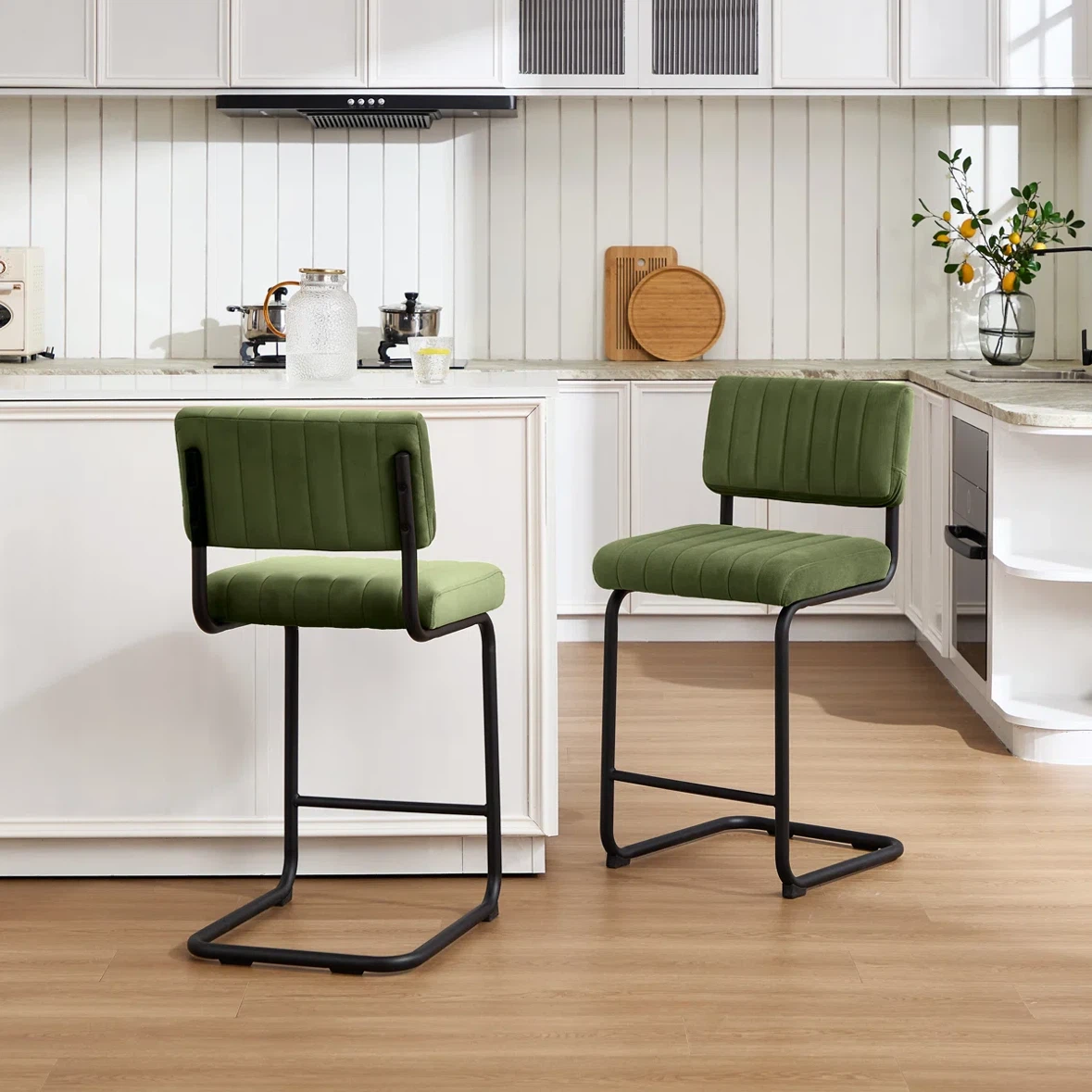 Set of 2 Green Velvet Bar Stools (Seat Height: 24”.6) - photo 2
