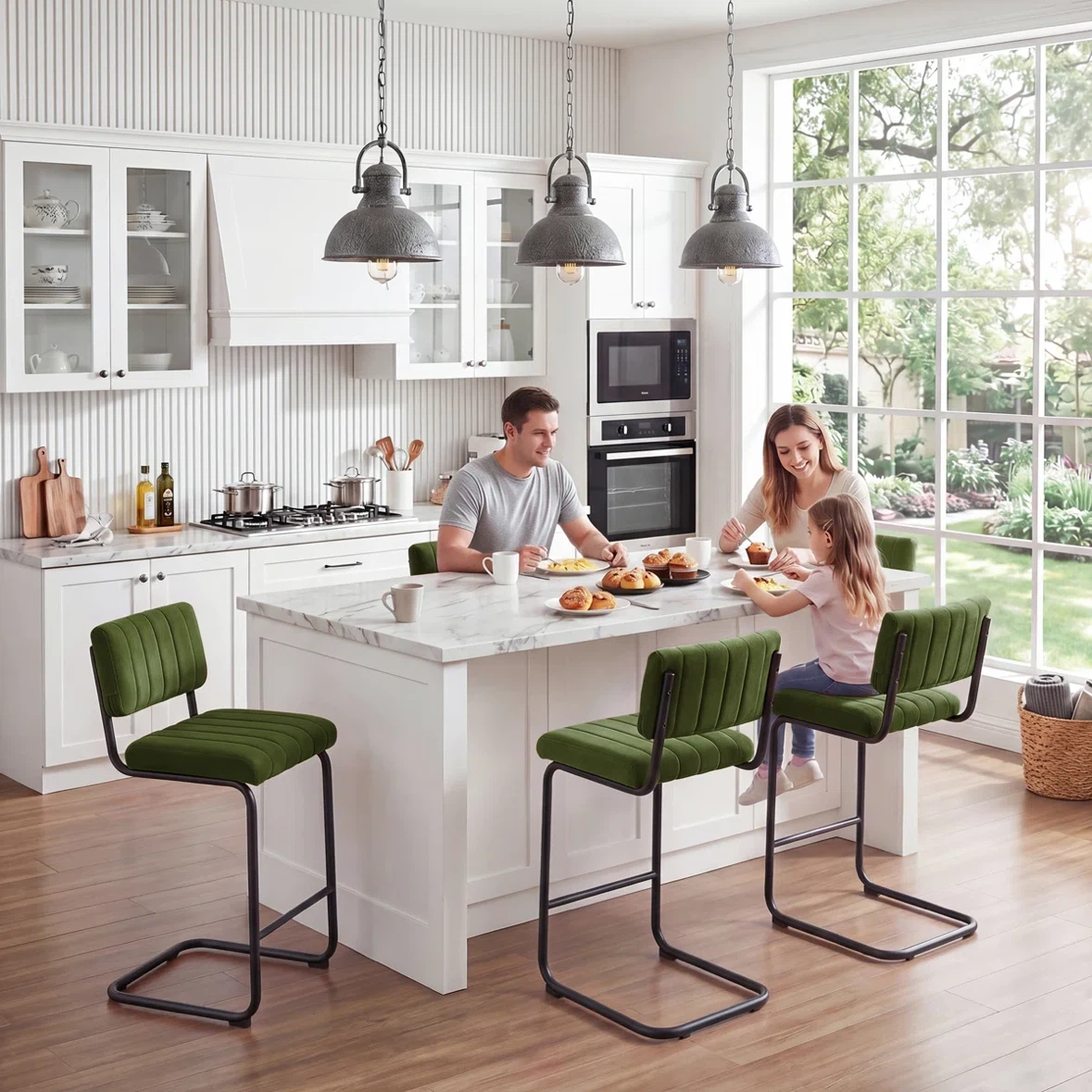 Set of 2 Green Velvet Bar Stools (Seat Height: 24”.6) - photo 4