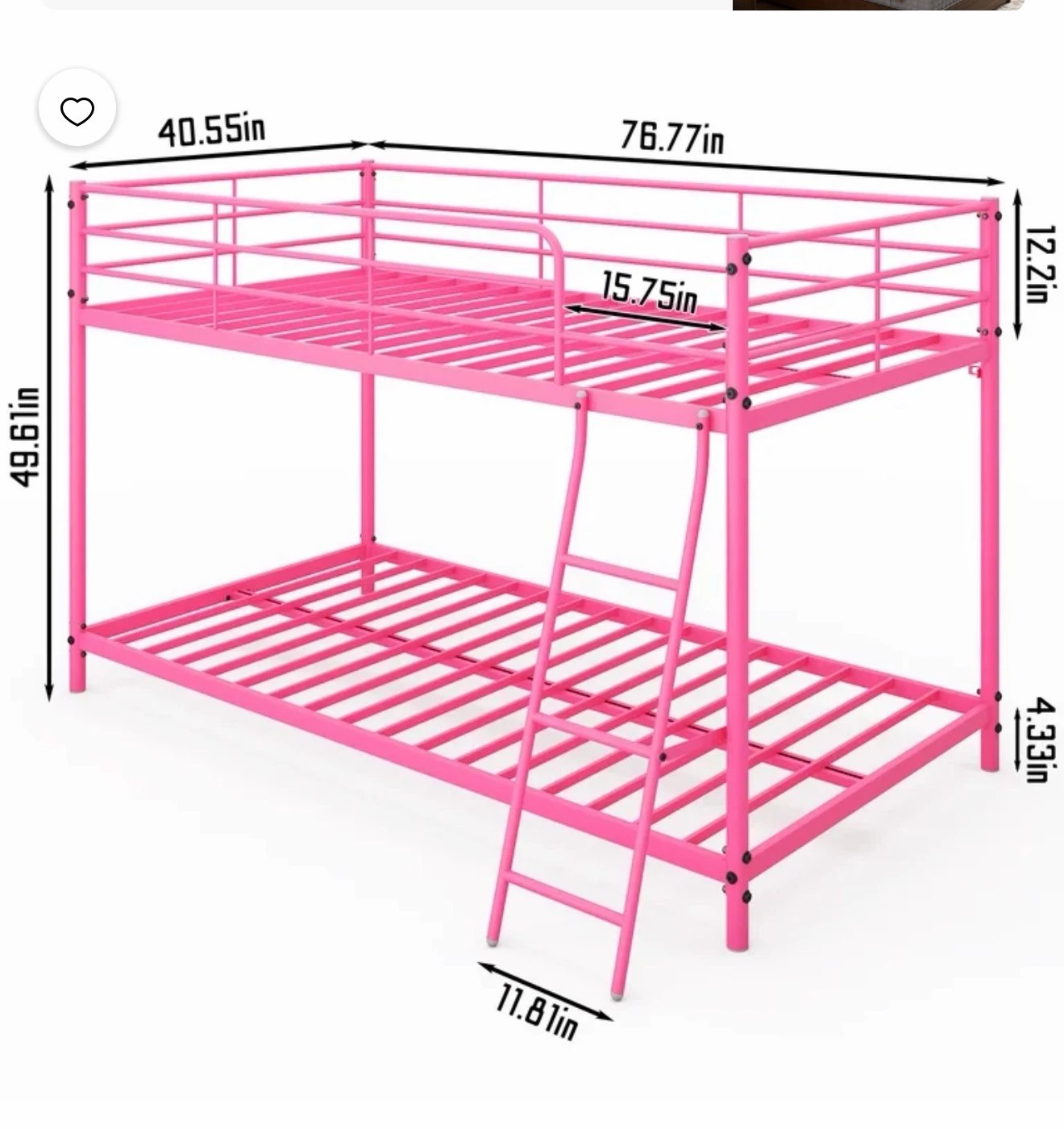 Pink Metal Twin Bunk Bed with Ladder