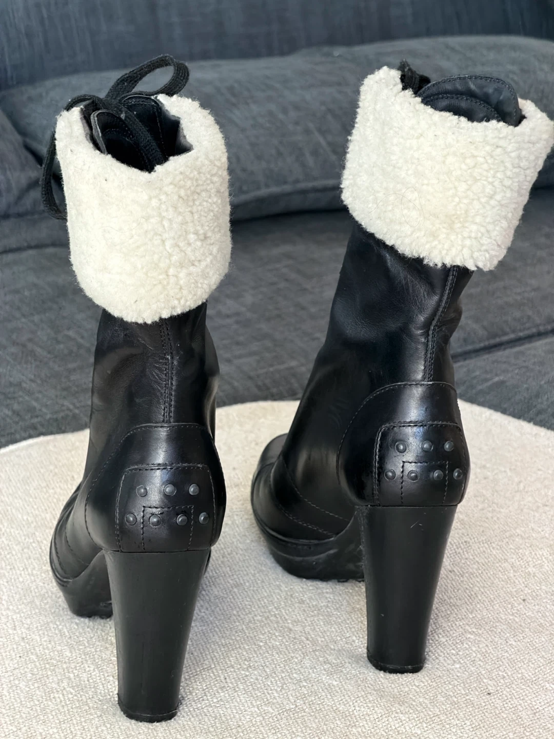 TOD'S Black Leather Lace-Up Shearling Lined Boots - photo 5