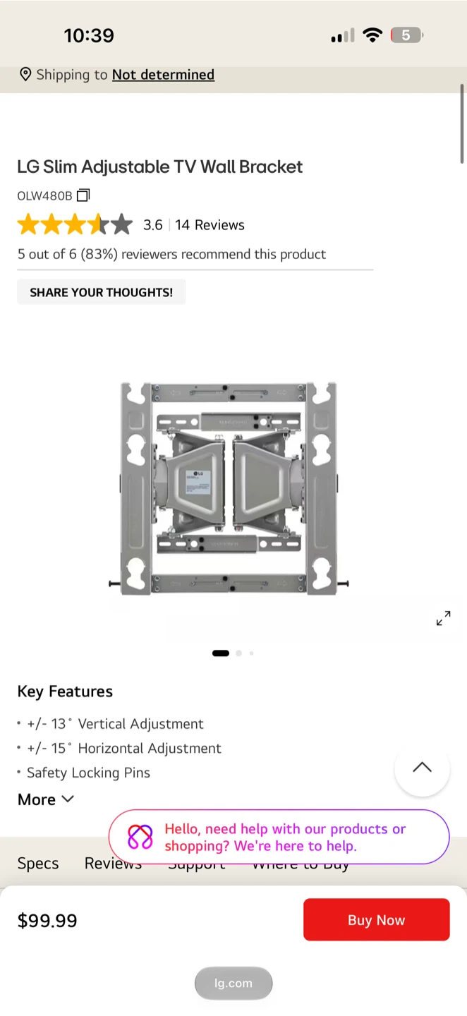 LG Slim Adjustable TV Wall Bracket upto 77”