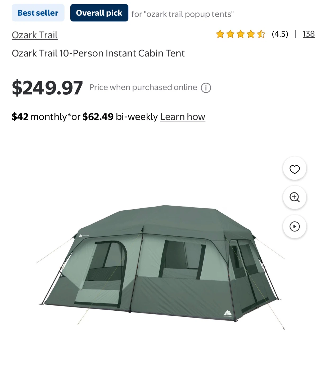 Ozark Trail 10-Person Instant Cabin Tent