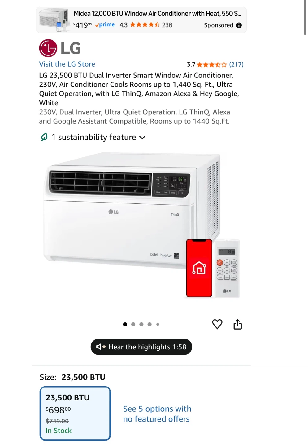 LG 23,500 BTU Dual Inverter Smart Window Air Conditioner - photo 4