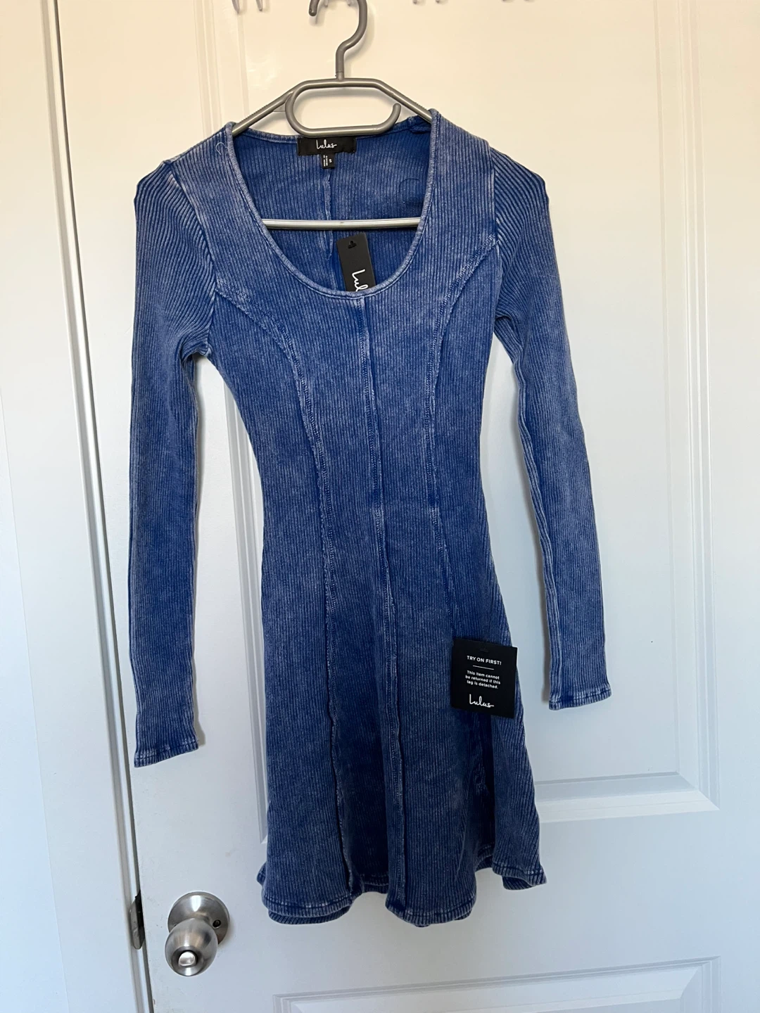 Lulus Blue Ribbed Long Sleeve Mini Dress