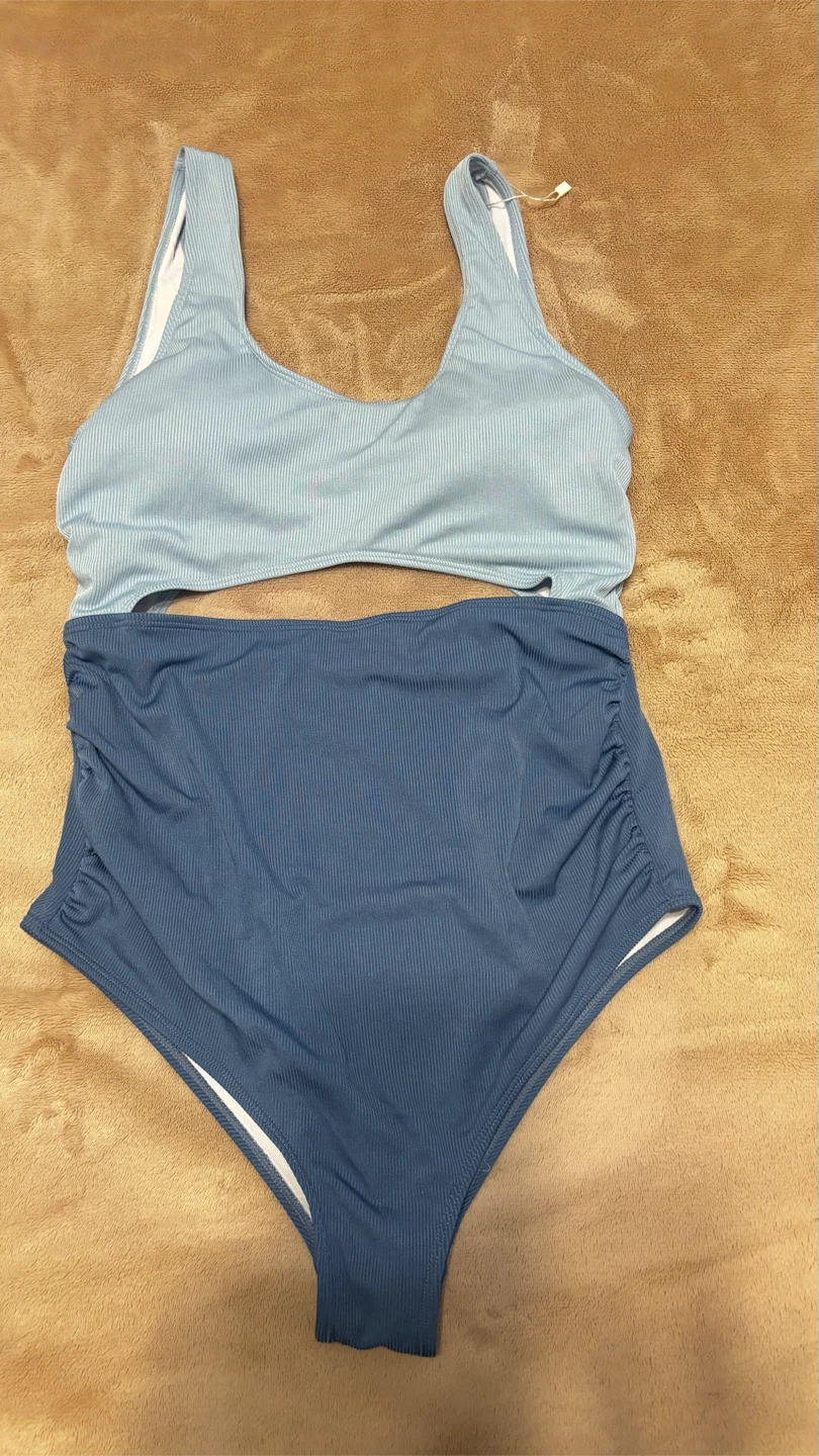 Blue Ribbed Cutout High-Waisted One-Piece Swimsuit