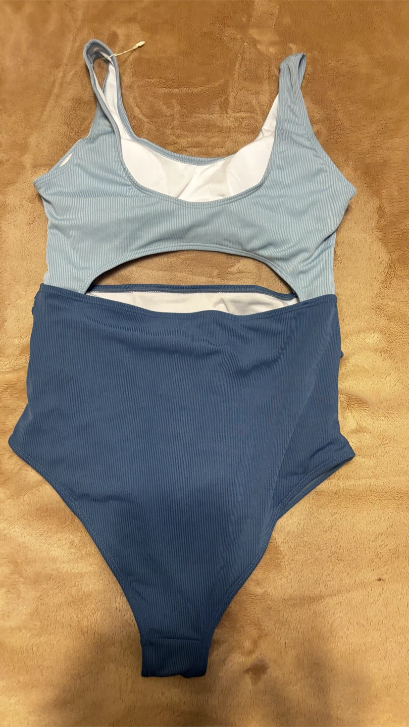 Blue Ribbed Cutout High-Waisted One-Piece Swimsuit - photo 2