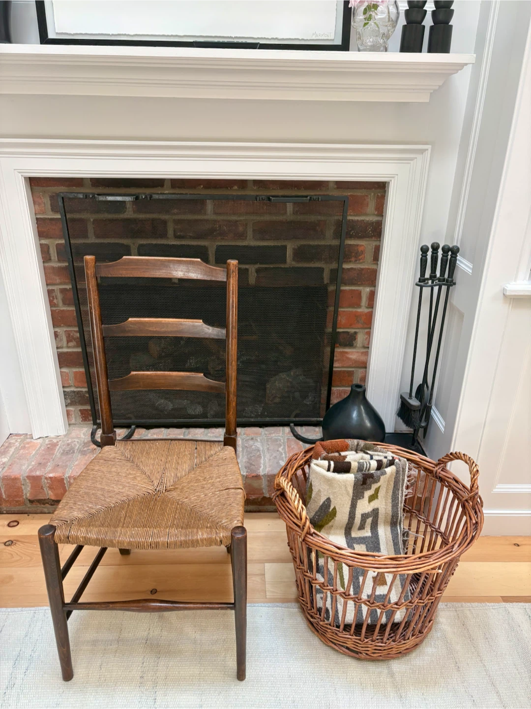 vintage Wooden Chair with Woven Seat and basket