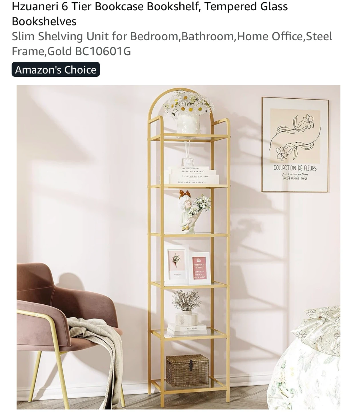 Hzuaneri 6 Tier Bookshelf, Gold Steel Frame 6TG