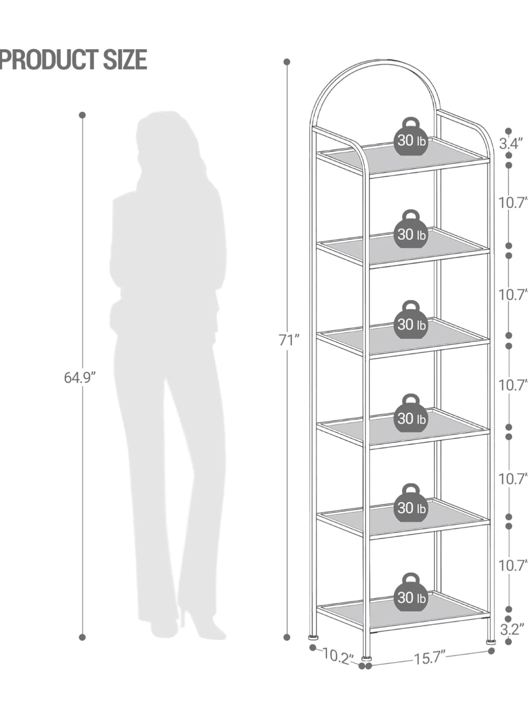 Hzuaneri 6 Tier Bookshelf, Gold Steel Frame 6TG - photo 3