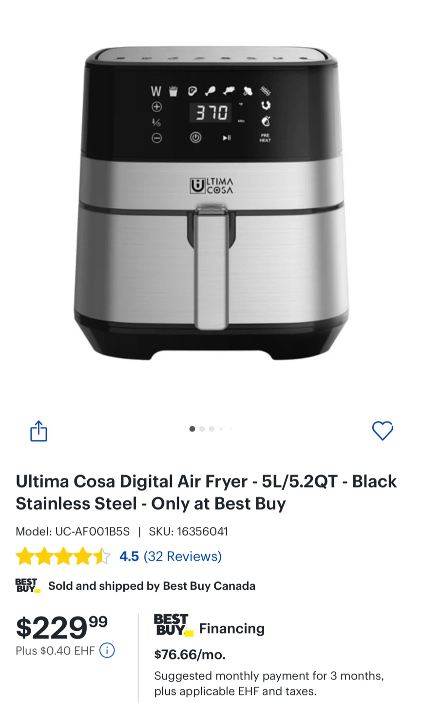 Ultima Cosa Digital Air Fryer - 5L/5.2QT - Black Stainless Steel
