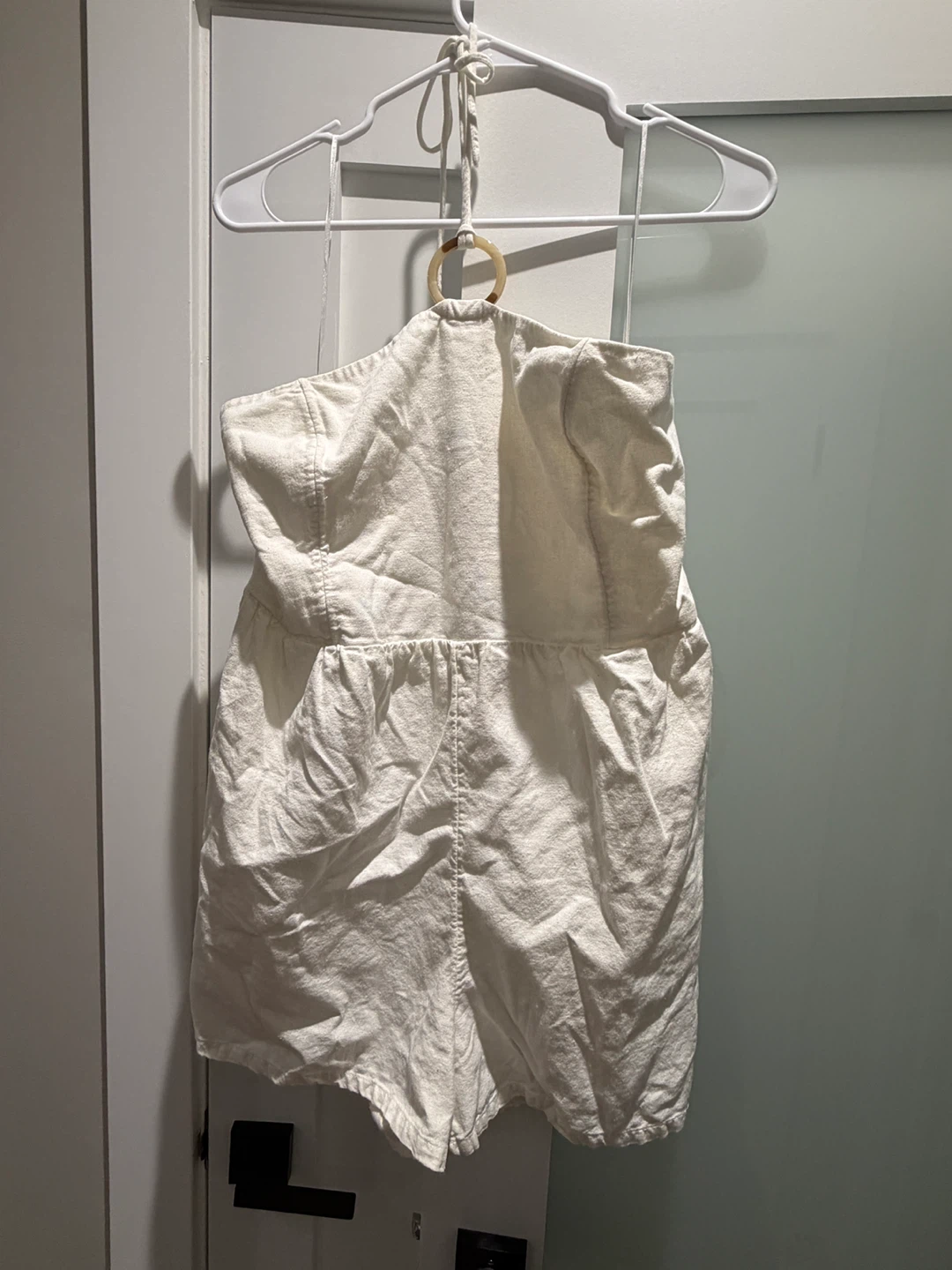 White Halter Romper with Wood Ring Detail