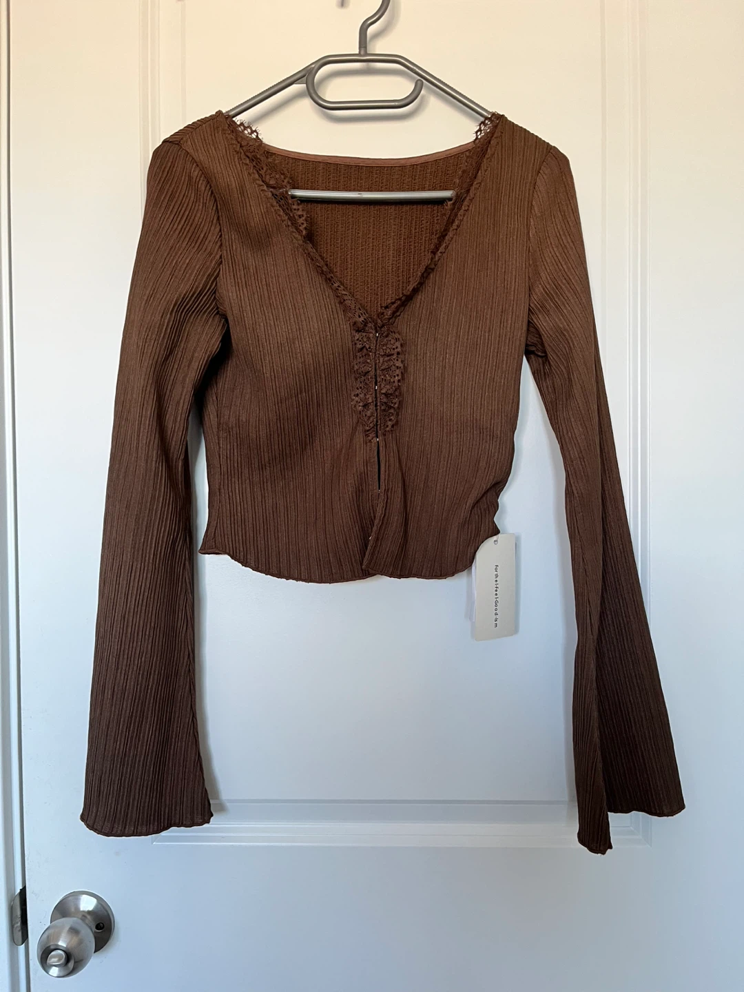 Brown Ribbed Bell Sleeve Top