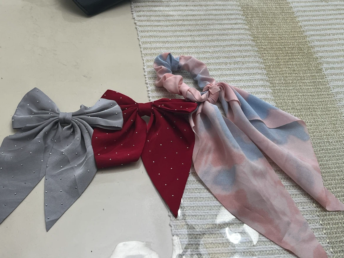 Hair Scrunchies with Bows - Grey, Red, and Tie-Dye