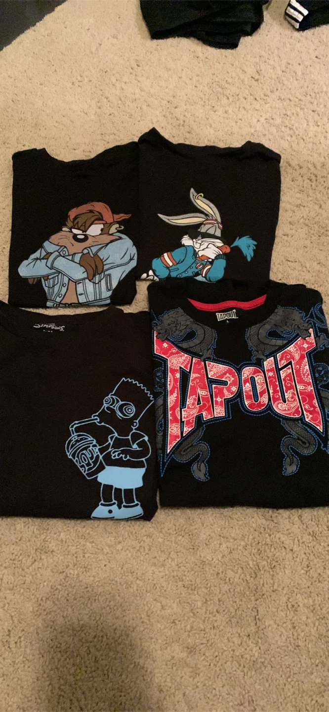 Lot of 4 Black T-Shirts - Looney Tunes, Simpsons, Tapout