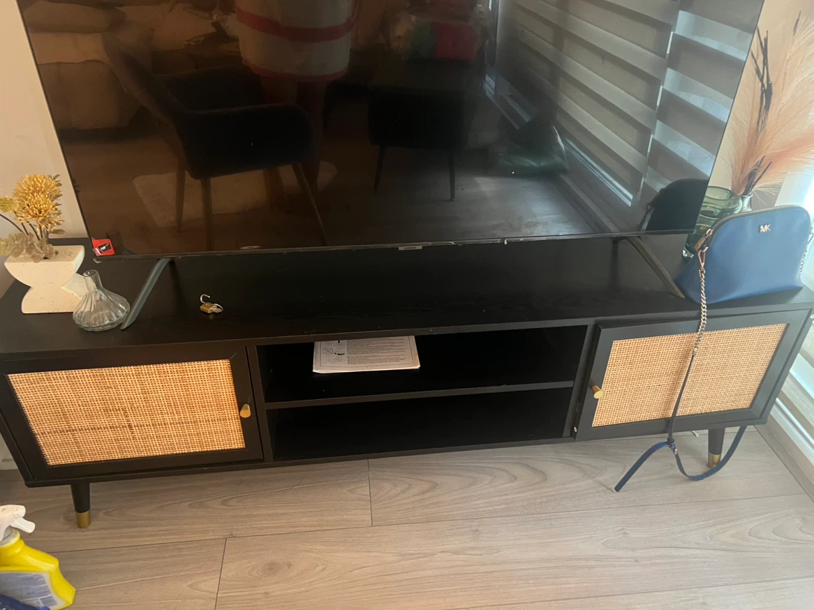 Black TV Stand with Rattan Doors
