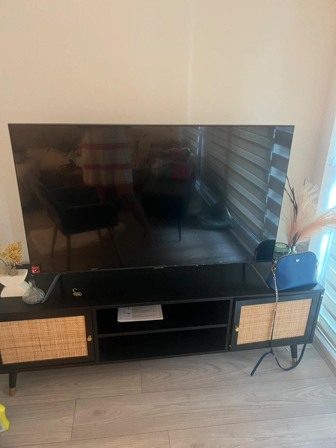 Black TV Stand with Rattan Doors - photo 2
