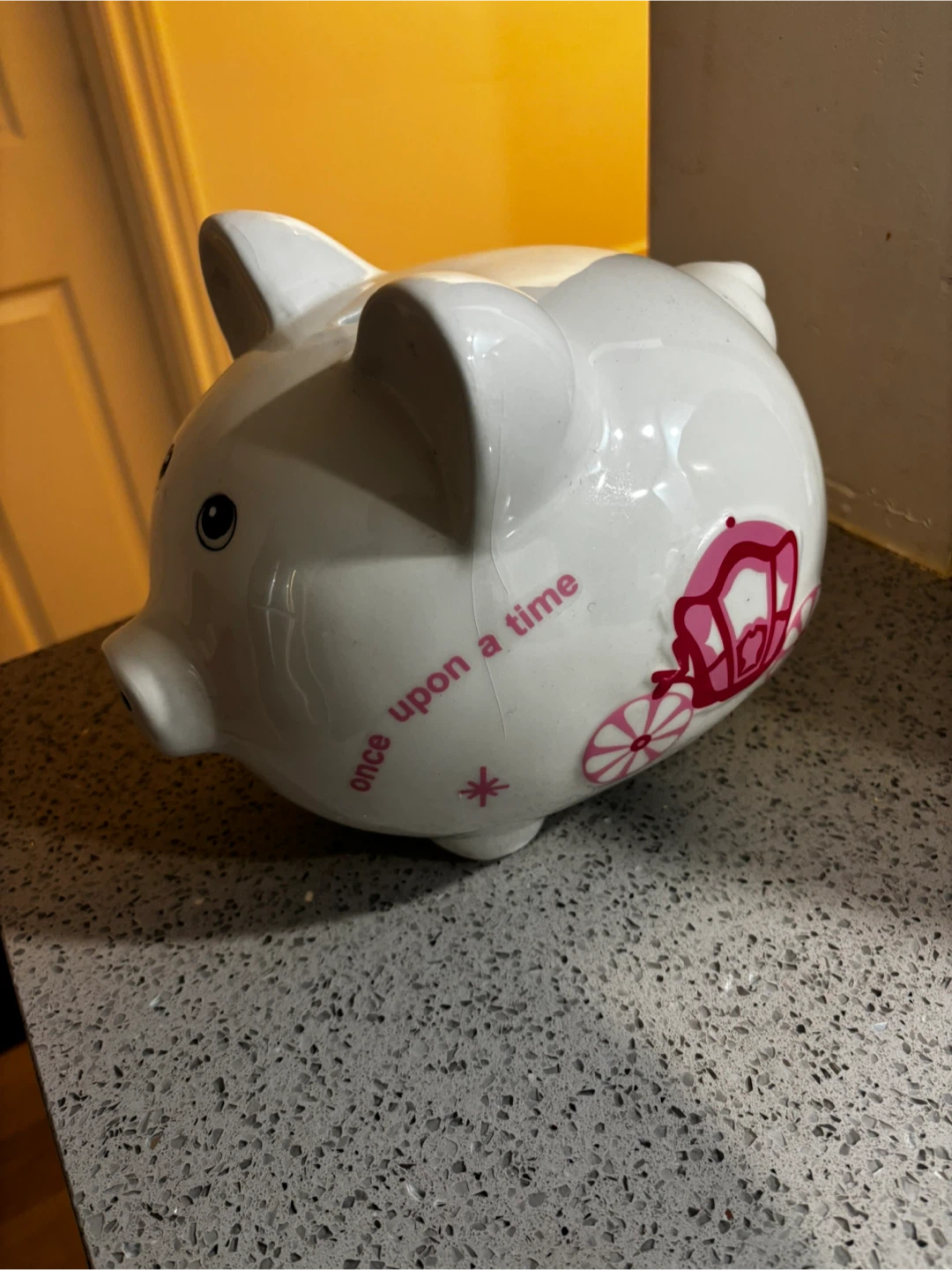 White Piggy Bank with "Once Upon a Time" Design