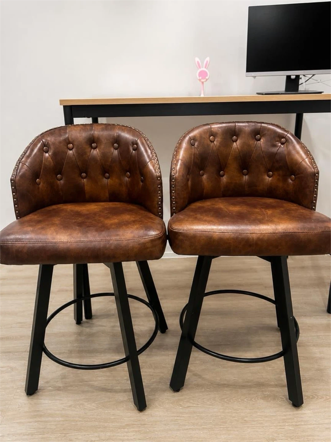 Set of 2 Brown Faux Leather Counter Height Bar Stools - 26"