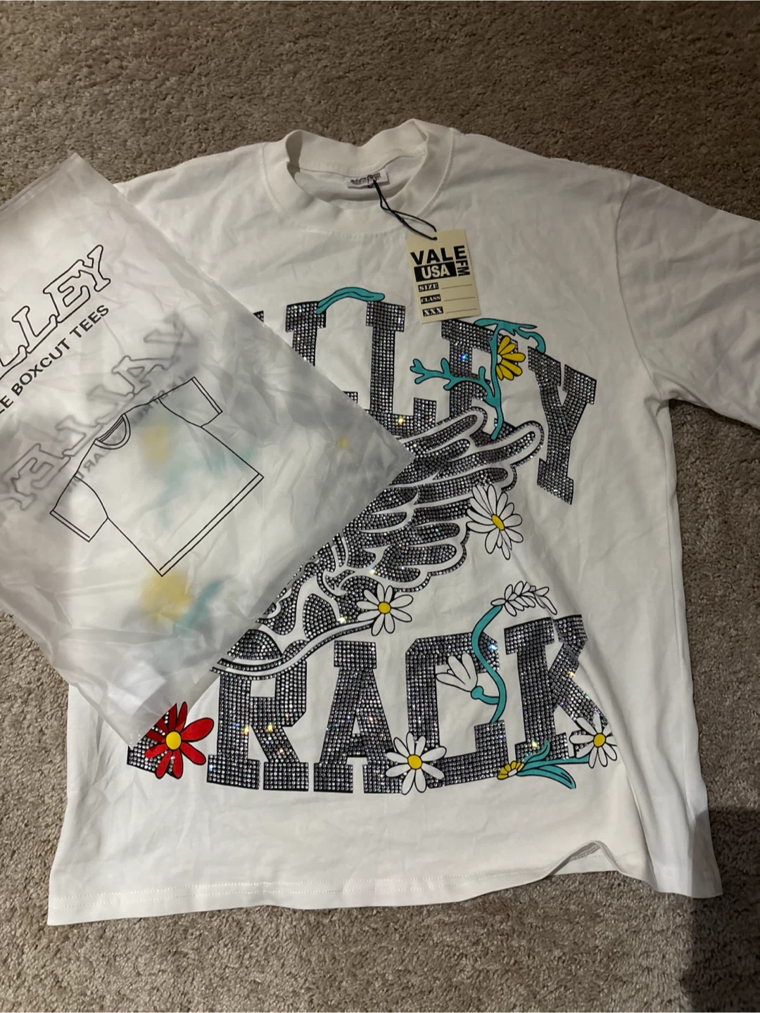 VALE USA White "Valley Track" Rhinestone T-Shirt