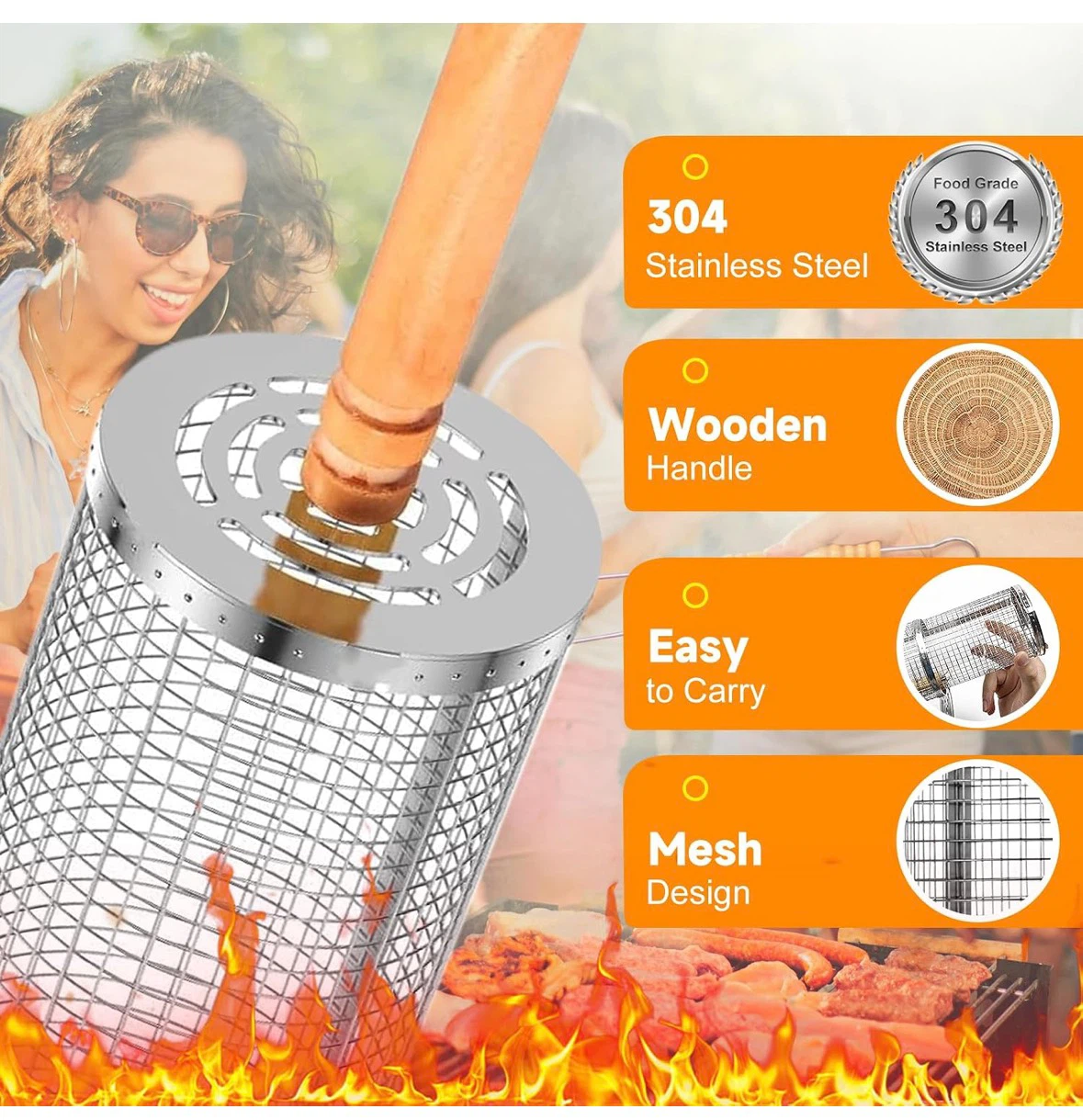 2PCS Rolling Grill Baskets with Removable Wooden Handle - photo 2