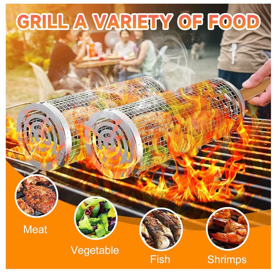 2PCS Rolling Grill Baskets with Removable Wooden Handle - photo 3